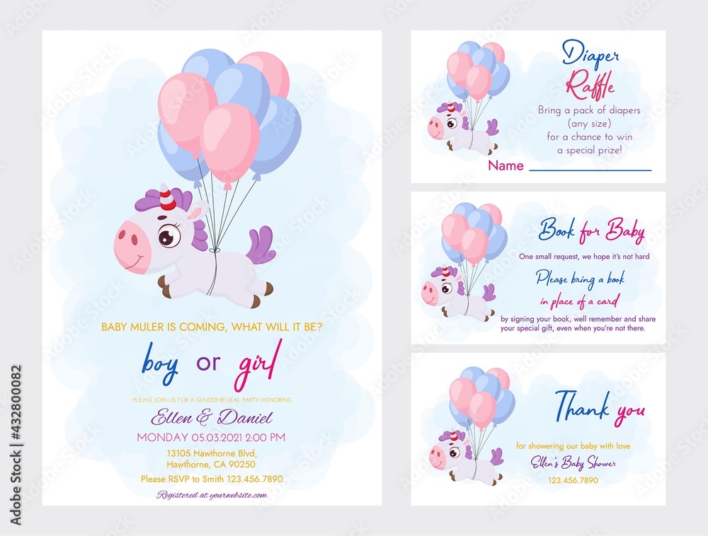 Baby Shower printable party invitation card template Baby boy or girl with Diaper Raffle, Book for baby and Thank you card. Invitation set with cute magical unicorn flying on balloons.