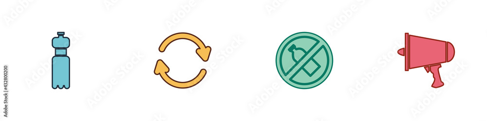 Set Bottle of water, Refresh, No plastic bottle and Spread the word, megaphone icon. Vector Set Bottle of water, Refresh, No plastic bottle and Spread the word, megaphone icon. Vector