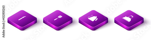 Set Isometric Knife, Spatula, Kettle with handle and icon. Vector