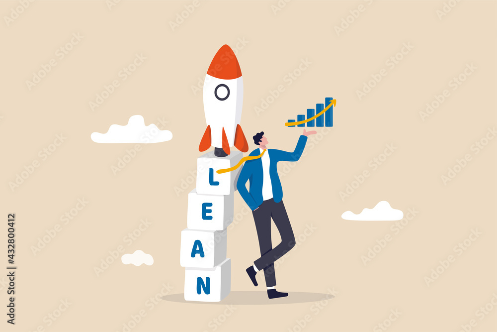 Lean startup using agile methodology to manage company for fast deliver or launch product, businessman showing growth graph leaning on box stack with the word LEAN with ready to rocket ship on top. - obrazy, fototapety, plakaty 