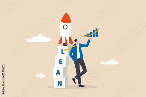 Lean startup using agile methodology to manage company for fast deliver or launch product, businessman showing growth graph leaning on box stack with the word LEAN with ready to rocket ship on top. photo