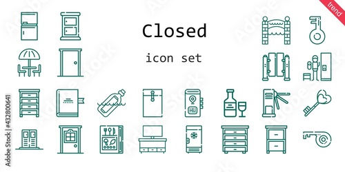 closed icon set. line icon style. closed related icons such as door, fridge, umbrella, book, drawer, bottle, cupboard, locker, envelope, freezer, entrance, turnstiles, chest of drawers, wine, key,