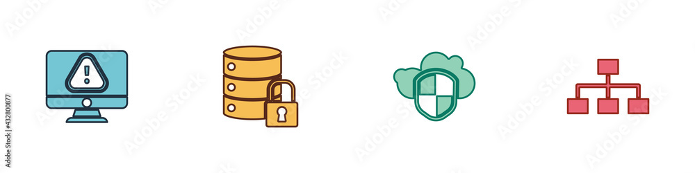 Set Monitor with exclamation mark, Server security lock, Cloud and shield and Hierarchy organogram chart icon. Vector Set Monitor with exclamation mark, Server security lock, Cloud and shield and Hierarchy organogram chart icon. Vector