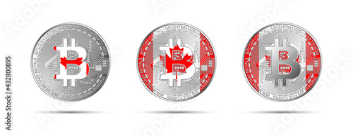 Three Bitcoin crypto coins with the flag of Canada. Money of the future. Modern cryptocurrency vector illustration