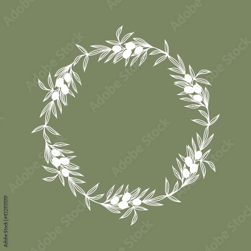 Hand drawn olive branch wreath in retro farmhouse style. Logo design element, template for wedding, engagement invitations. Olive oil products branding