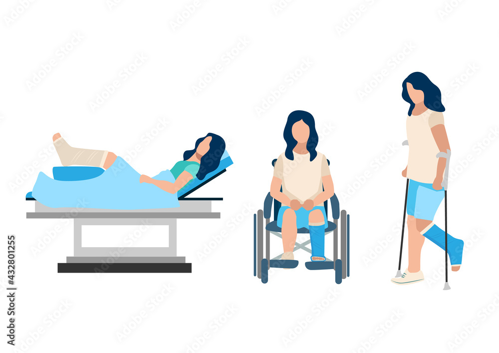 Vector Set Of A Woman With A Broken Leg In The Hospital A Girl With A