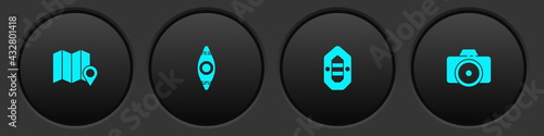 Set Location of the forest on map, Kayak canoe, Rafting boat and Photo camera icon. Vector