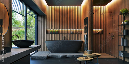 Bathroom interior design with matte black bath and modern shower © slavun
