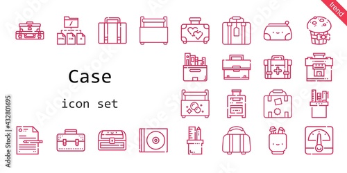 case icon set. line icon style. case related icons such as cd, chest, suitcase, file, luggage, briefcase, toolbox, voltmeter, files, first aid kit, pencil case, muffin,