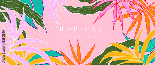 Pink Abstract art tropical leaves background vector. Wallpaper design with watercolor art texture from palm leaves, Jungle leaves, monstera leaf, exotic botanical floral pattern.