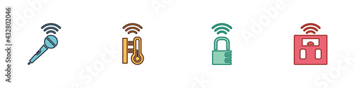 Set Wireless microphone, Smart thermometer, safe combination lock and bathroom scales icon. Vector