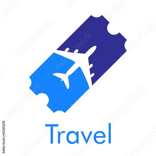 Logotipo con texto Travel y silueta de avión en tarjeta de embarque en color azul