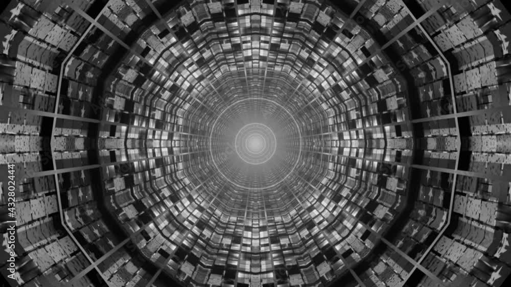 Endless circular vj tunnel loop. sci fi glass structures in monochrome. Light rays pulsating towards the camera Endless circular vj tunnel loop. sci fi glass structures in monochrome. Light rays pulsating towards the camera
