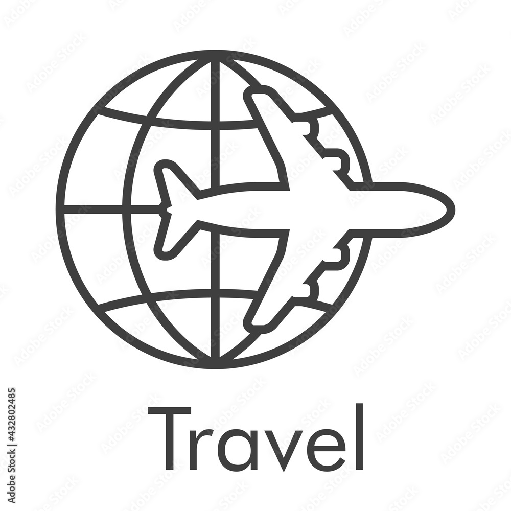 Logotipo con texto Travel y silueta de avión en globo terráqueo con lineas en color gris Logotipo con texto Travel y silueta de avión en globo terráqueo con lineas en color gris