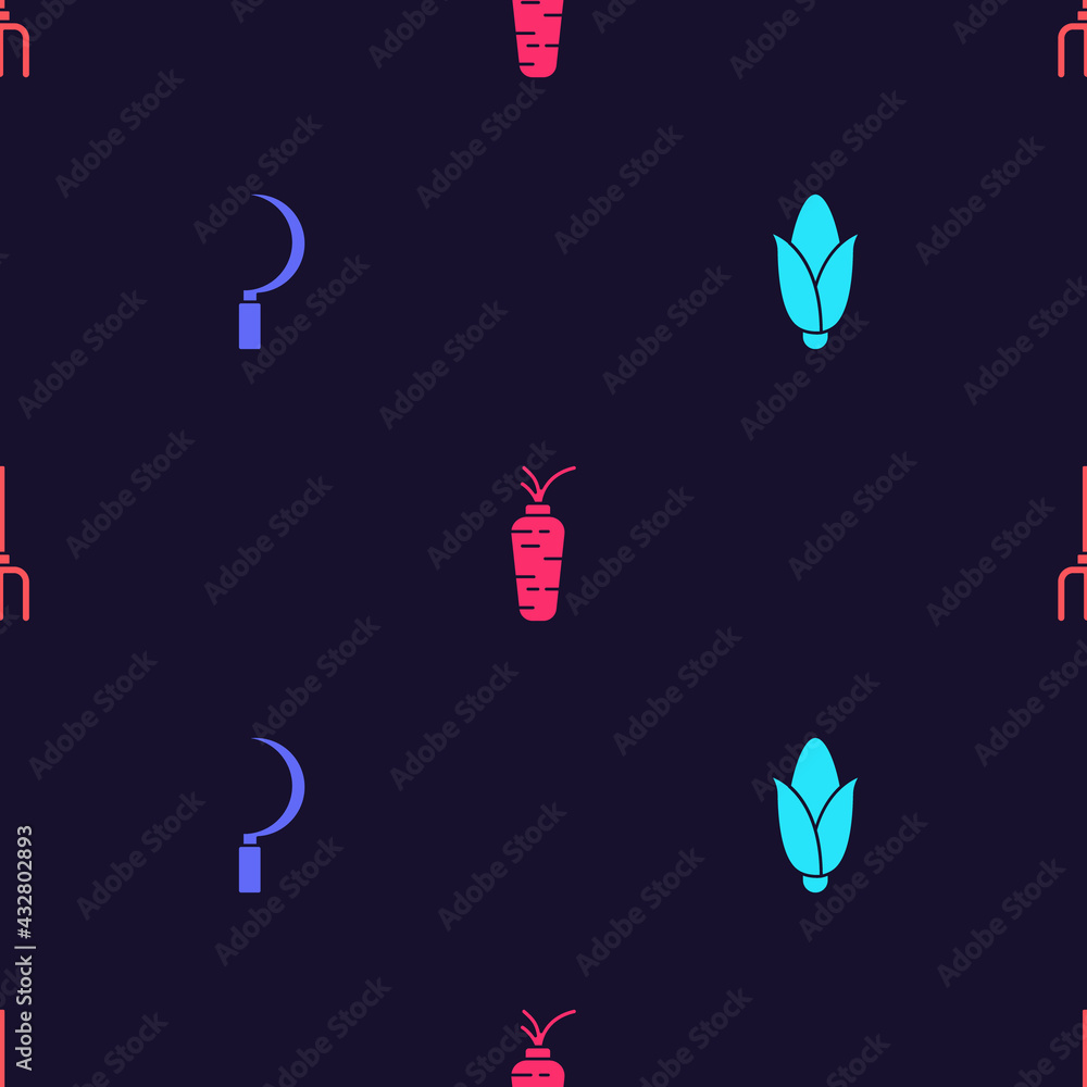Set Corn, Sickle, Carrot and Garden pitchfork on seamless pattern. Vector Set Corn, Sickle, Carrot and Garden pitchfork on seamless pattern. Vector