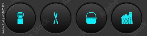 Set Can container for milk, Gardening handmade scissors, Basket and Farm house icon. Vector