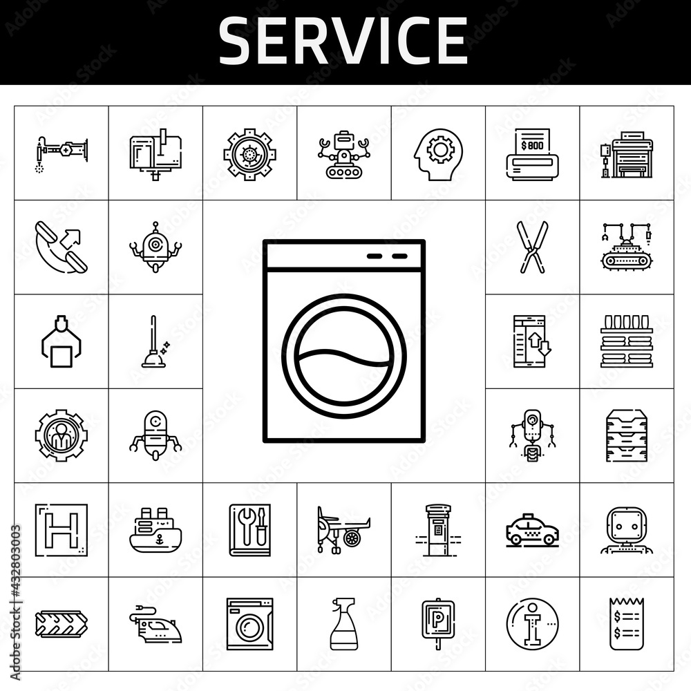 service icon set. line icon style. service related icons such as parking, washing machine, bus stop, settings, dinnerware, taxi, ship, bill, archive, manual, robot, mailbox service icon set. line icon style. service related icons such as parking, washing machine, bus stop, settings, dinnerware, taxi, ship, bill, archive, manual, robot, mailbox