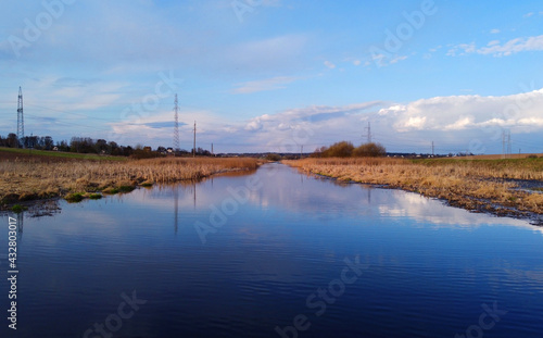 View of the landscape of the river and the reflection of the sky in the water