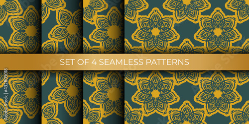Set of green and yellow seamless pattern with vintage ornament. Vector illustration.