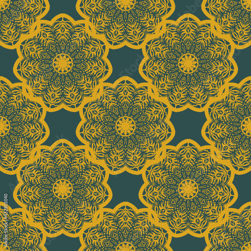 Green and yellow seamless pattern with vintage ornament. Good for murals  textiles  postcards and prints.