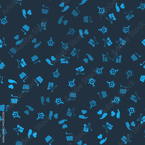Set Heart in hand, Oil bottle, Scented spa stick and Sauna bucket ladle on seamless pattern. Vector