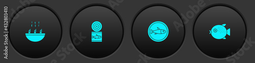 Set Soup with shrimps, Canned fish, Served on plate and Puffer icon. Vector