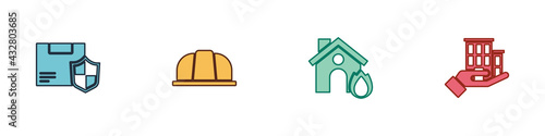 Set Delivery security with shield, Worker safety helmet, Fire in burning house and House insurance icon. Vector