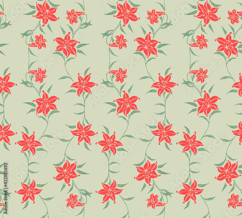Japanese Red Tropical Flower Branch Vector Seamless Pattern