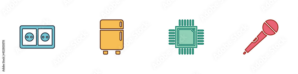 Set Electrical outlet, Refrigerator, Processor with microcircuits CPU and Microphone icon. Vector