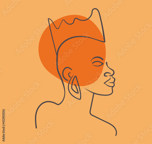 Outline portrait of beautiful African tribal woman, Black Queen. Vector illustration in simple modern style.