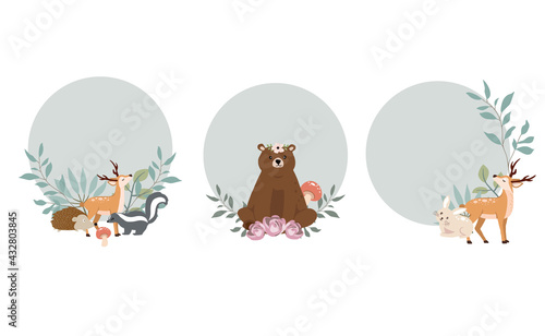Cute woodland object collection with skunk bear fox deer frame and leaves.Vector illustration for icon sticker printable