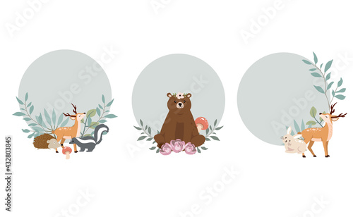Cute woodland object collection with skunk,bear,fox,deer,frame and leaves.Vector illustration for icon,sticker,printable