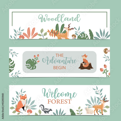 Set of cute woodland with fox,rabbit,mushroom.Vector illustration for baby invitation, kid birthday invitation,banner and postcard