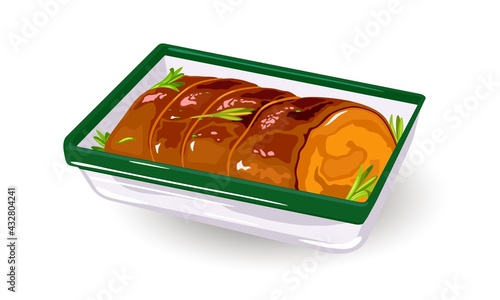 Delicious aromatic meat roll tided with thread with greenery and spices in sheet pan. Vector baking meat in oven, healthy eating, portion for company. Cooking idea isolated on white background