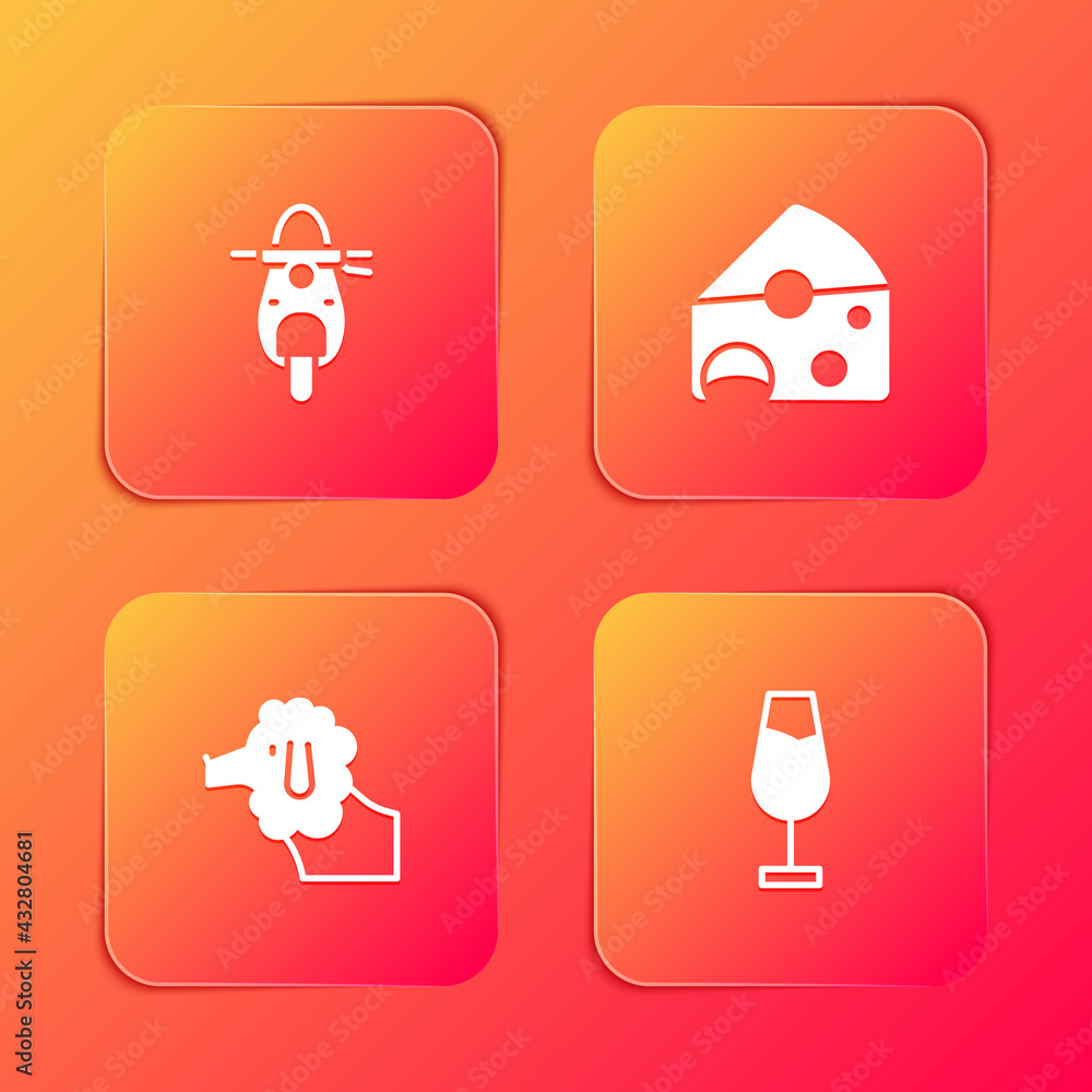 Set Scooter, Cheese, Poodle dog and Wine glass icon. Vector