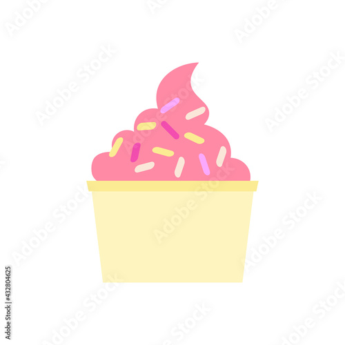 Flat vector illustration of paper cup with strawberry, raspberry soft serve ice cream or gelato or frozen yogurt in pink color with sprinkles. Isolated on white background.