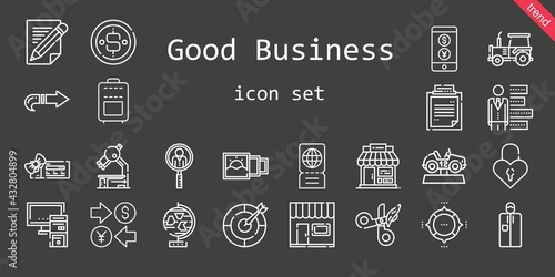 good business icon set. line icon style. good business related icons such as next, job search, shop, suitcase, ticket, voucher, pie chart, portable, store, pencil, padlock