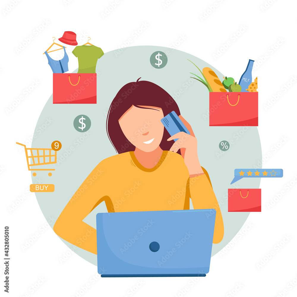 Girl shopping online flat vector illustration. Young woman buying ...