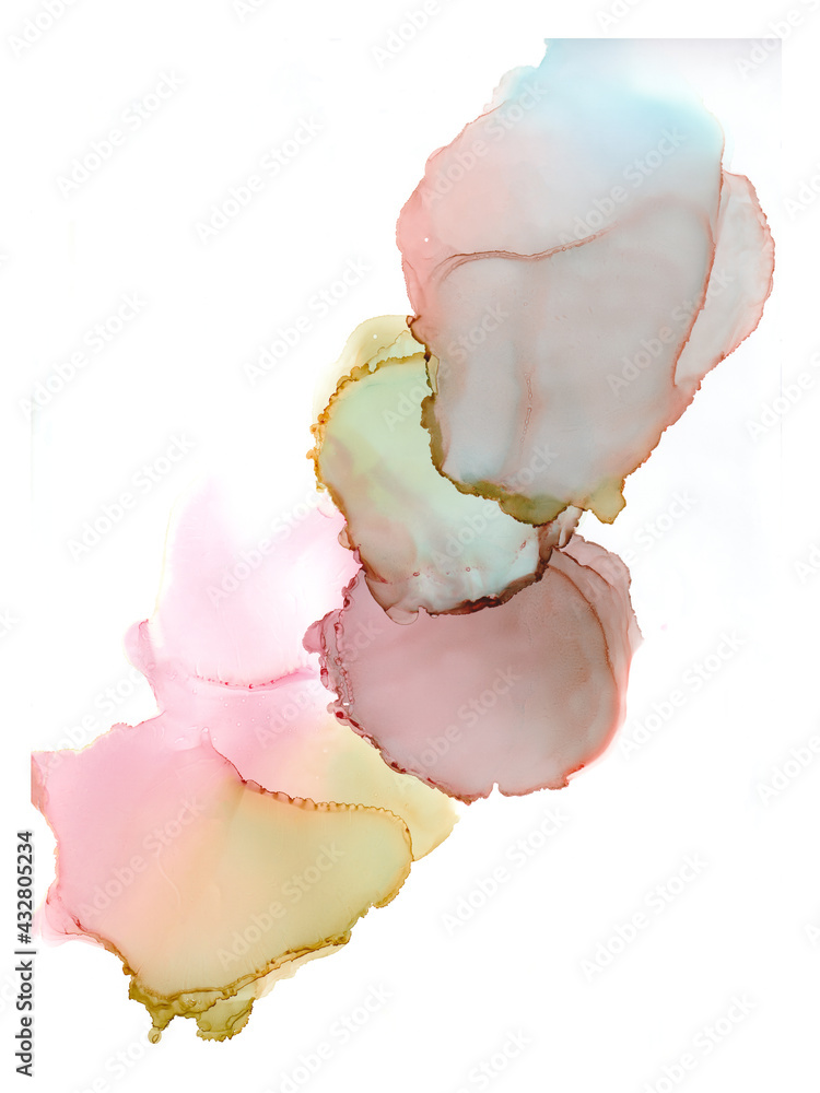 Fototapeta premium Natural luxury abstract fluid art painting in alcohol ink technique. Tender and dreamy wallpaper. Mixture of colors creating transparent waves and golden swirls. Printable wall art Earth tones.