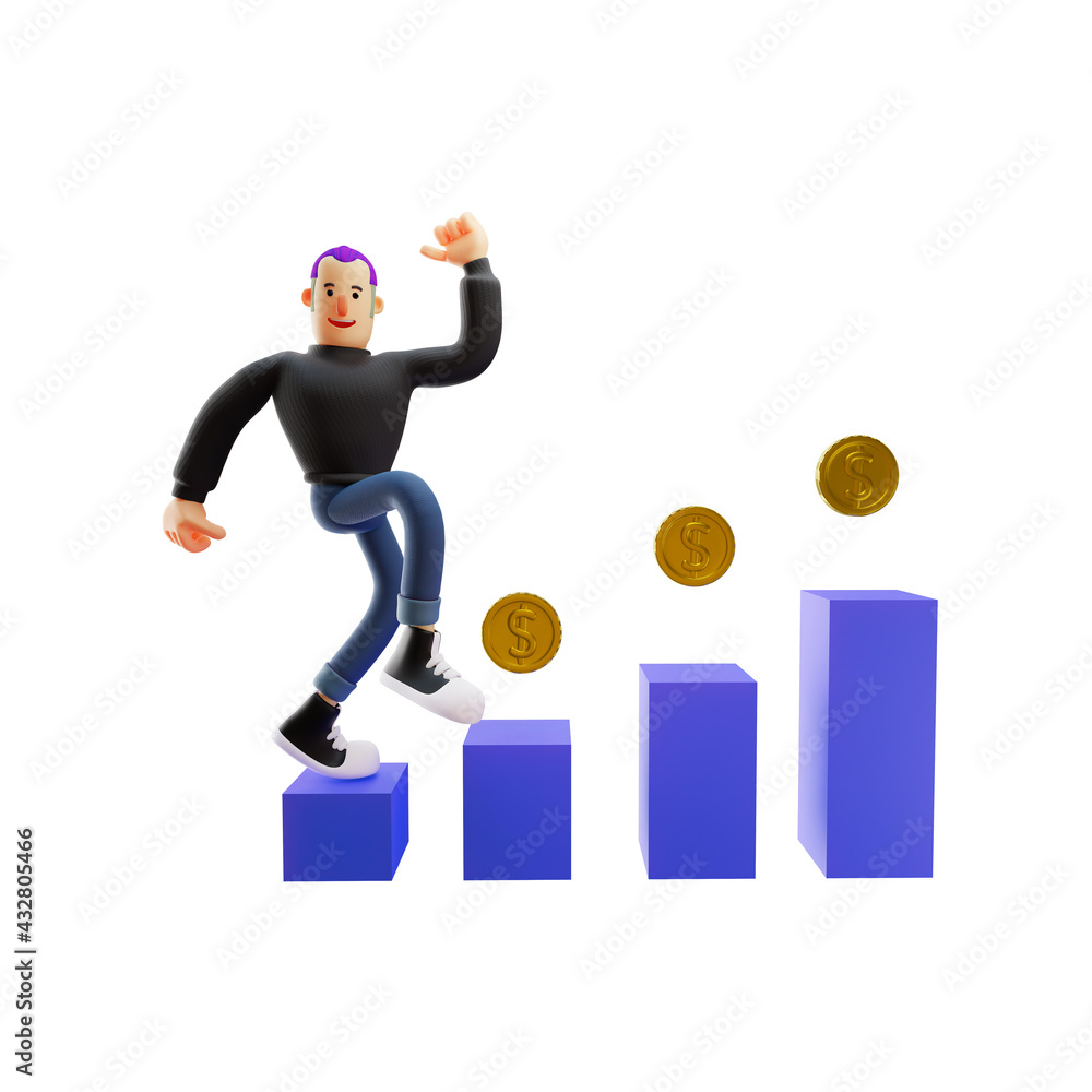 3D Cool Man Cartoon Illustration climb up on a blue stair 3D Cool Man Cartoon Illustration climb up on a blue stair
