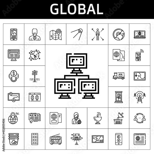 global icon set. line icon style. global related icons such as news, antenna, container, chimney, panels, news reporter, phone box, satellite dish, network, navigation, mail truck