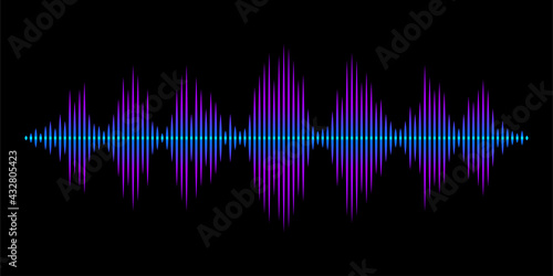 Sound wave rhythm. Colorful digital equalizer. Abstract wavy stripes on a black background isolated.