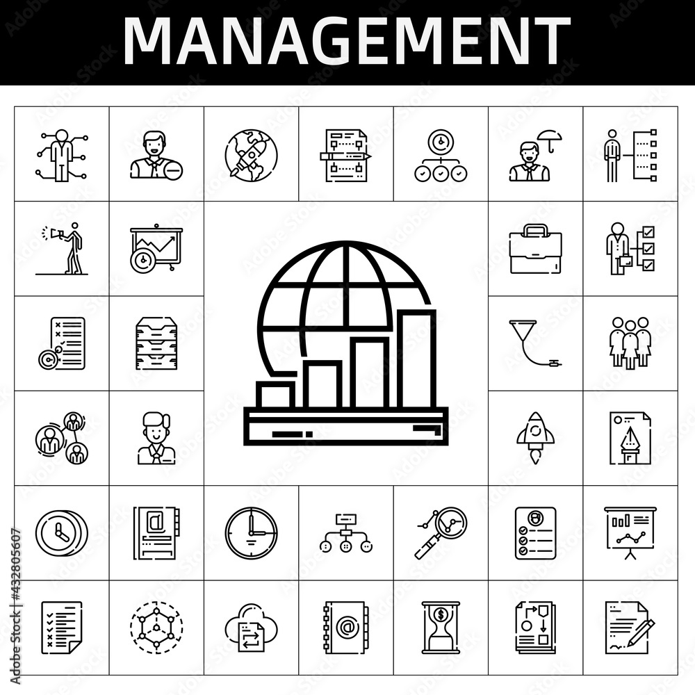 management icon set. line icon style. management related icons such as modeling, funnel, time is money, advertising, employee, analytics, skills, file, startup, tasks