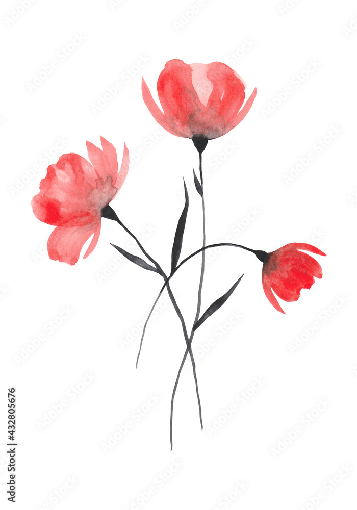 Three loose poppies. Minimalistic hand drawn watercolor illustration. Post card.