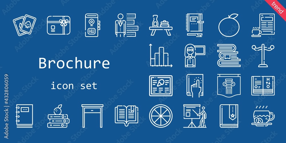 brochure icon set. line icon style. brochure related icons such as rack, cards, gift card, book, menu, orange, presentation, books, science book, coffee, bar chart, poster, table, guide, notebook brochure icon set. line icon style. brochure related icons such as rack, cards, gift card, book, menu, orange, presentation, books, science book, coffee, bar chart, poster, table, guide, notebook