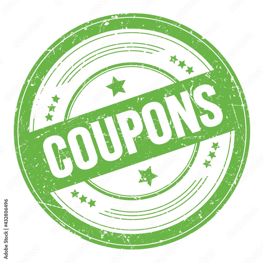 COUPONS text on green round grungy stamp. COUPONS text on green round grungy stamp.