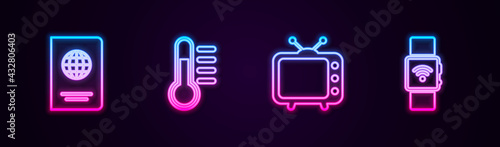 Set line Passport, Thermometer, Television tv and Smartwatch with wireless. Glowing neon icon. Vector