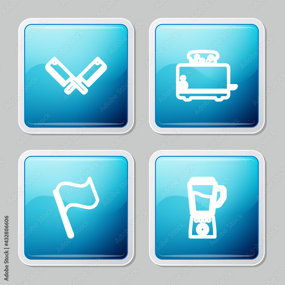 Set line Crossed meat chopper, Toaster with toasts, Flag and Blender icon. Vector Set line Crossed meat chopper, Toaster with toasts, Flag and Blender icon. Vector