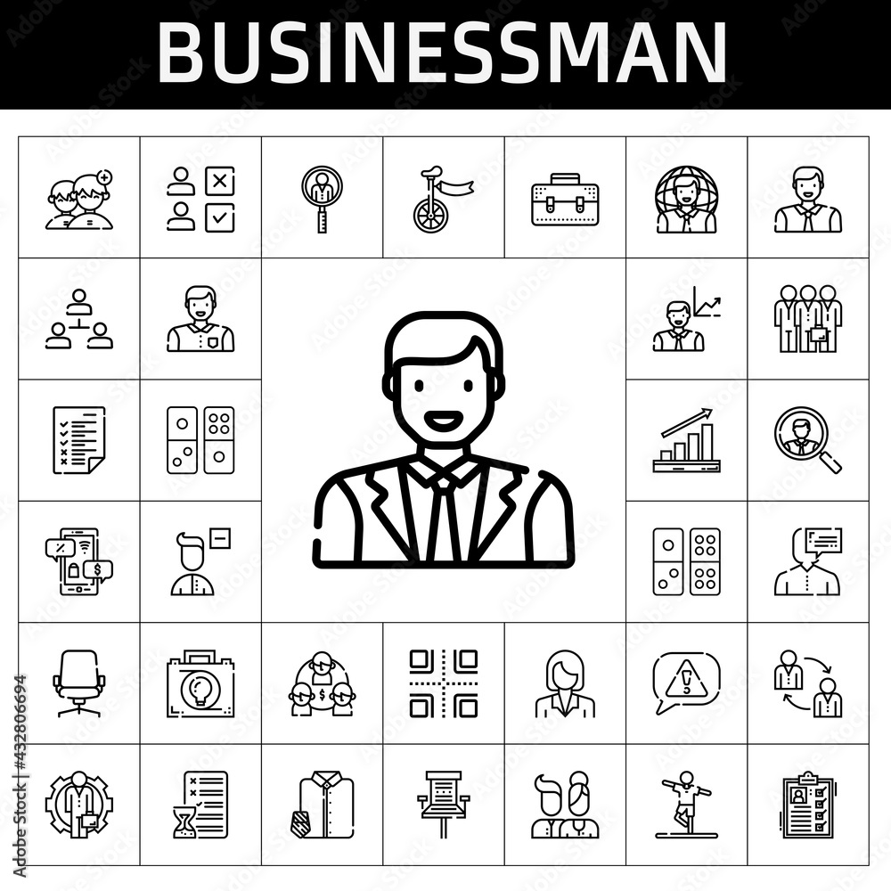 businessman icon set. line icon style. businessman related icons such as office chair, stretching, employee, negotiation, unicycle, domino, man, businesswoman, tasks, profits businessman icon set. line icon style. businessman related icons such as office chair, stretching, employee, negotiation, unicycle, domino, man, businesswoman, tasks, profits