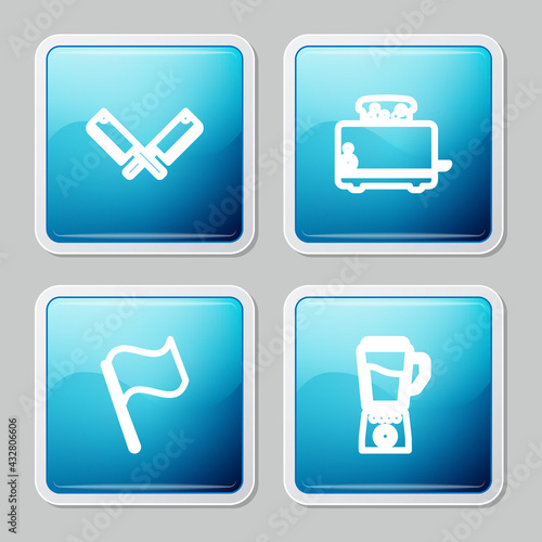 Set line Crossed meat chopper, Toaster with toasts, Flag and Blender icon. Vector